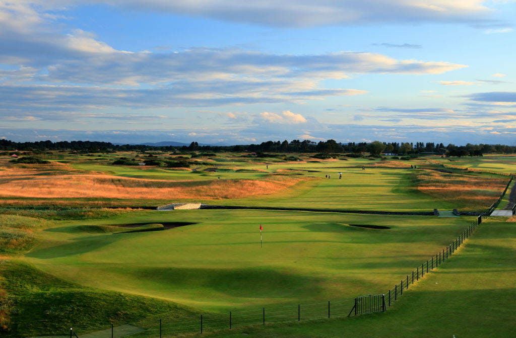 General views of the 18th hole at the Carnoustie Championship Course